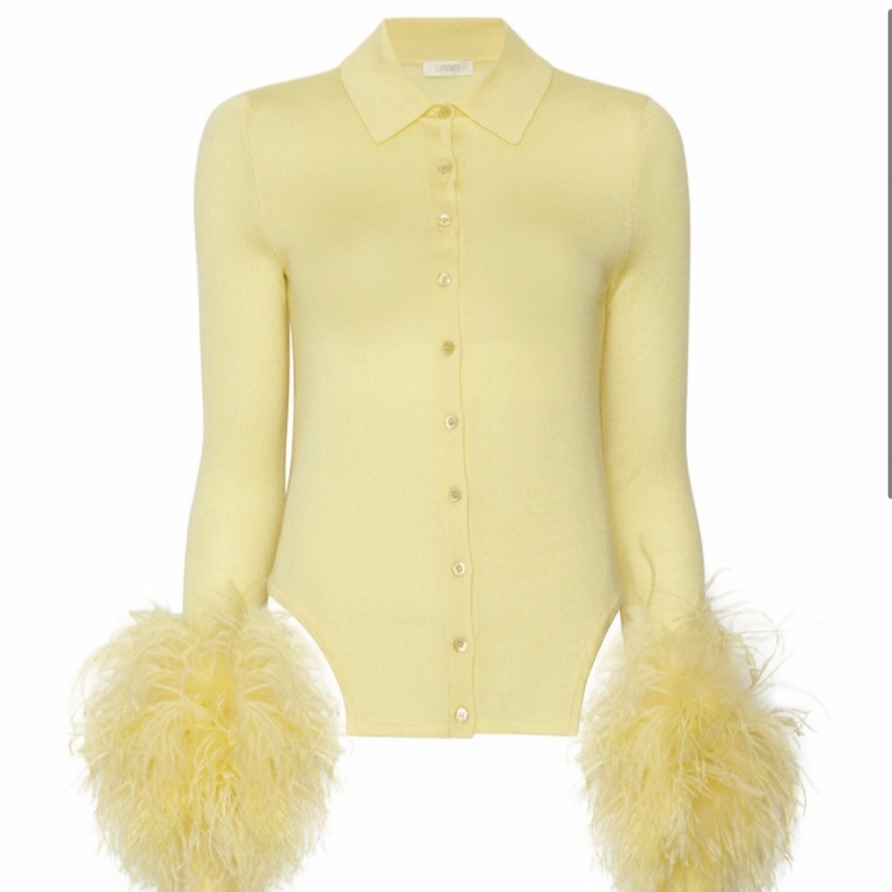 Lapointe Yellow Ostrich Feather Trimmed Wool Blend Cardigan Sz 6 - Picture 2 of 4